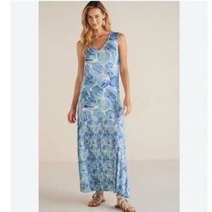 Soft Surroundings Castel Blue Printed Maxi Dress Women Large Sleeveless‎ Viscose
